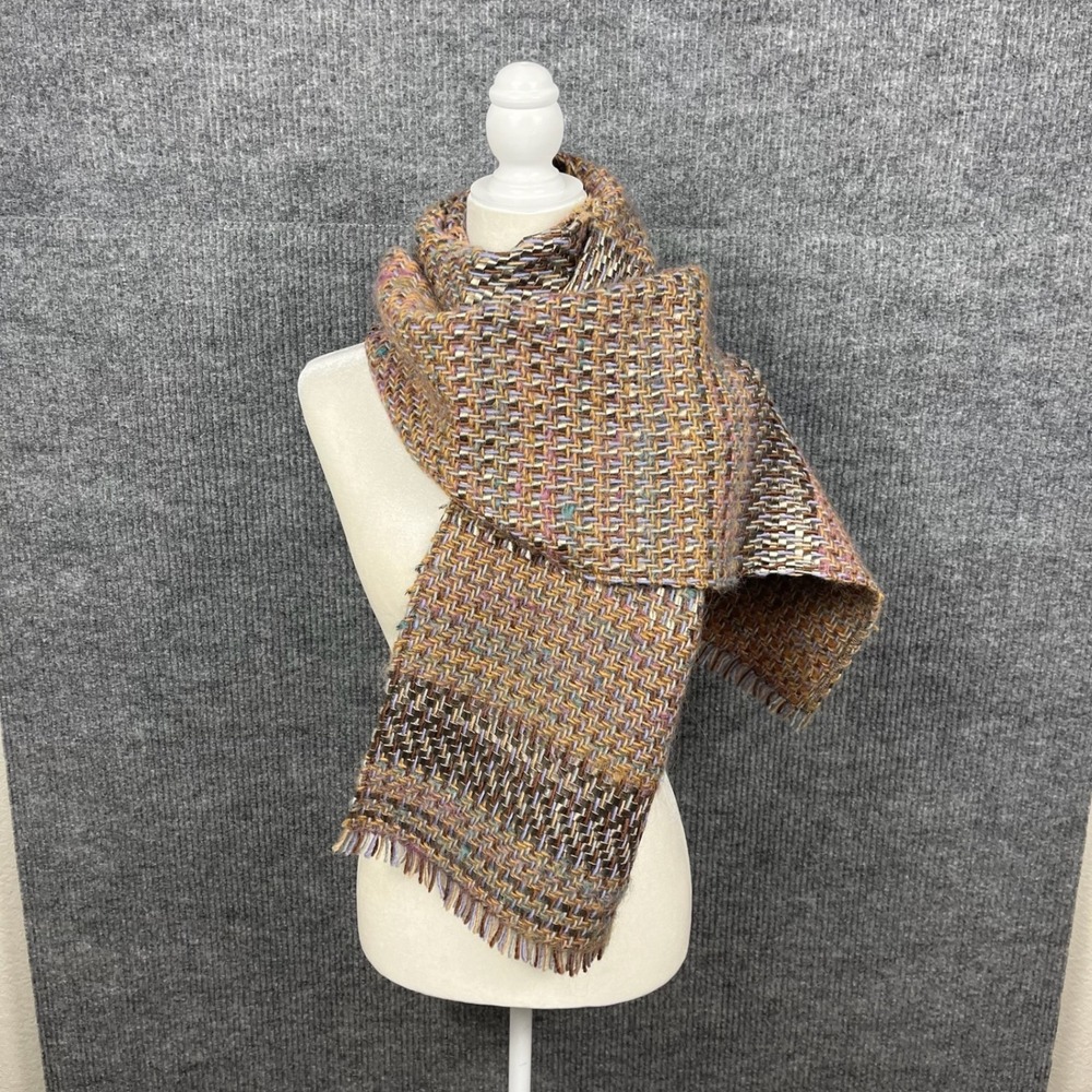 Mixed Media Scarf Womens Leather Woven Knit Wrap Shawl Fringe Artisan Boho